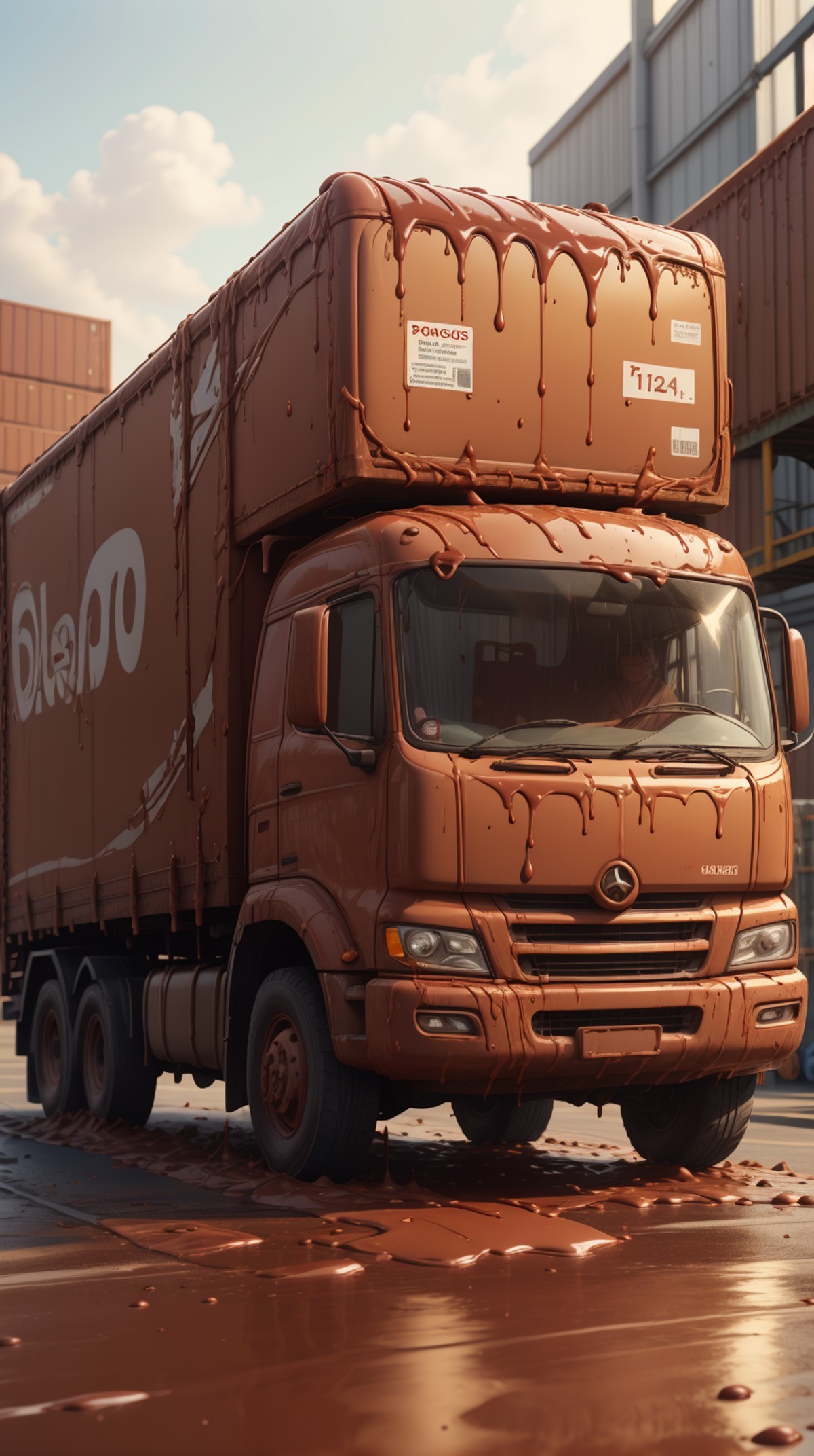 <lora:ChocolateWetStyle:0.7>ChocolateWetStyle a blue delivery truck parked outside a busy warehouse, (Masterpiece:1.3) (be...